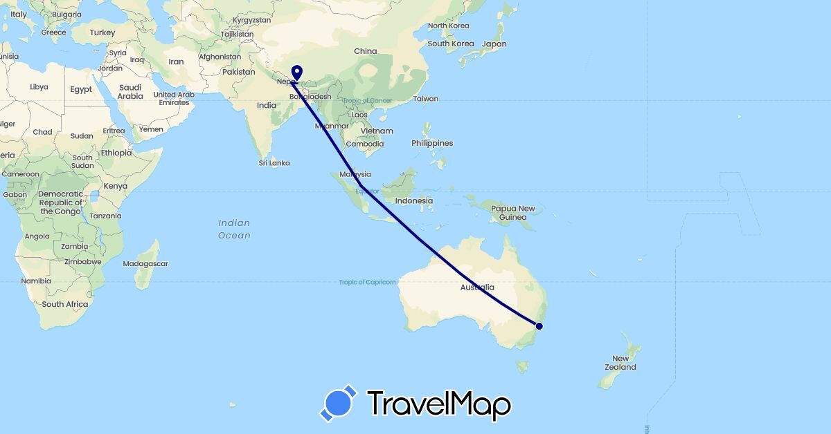 TravelMap itinerary: driving in Australia, Nepal, Singapore (Asia, Oceania)